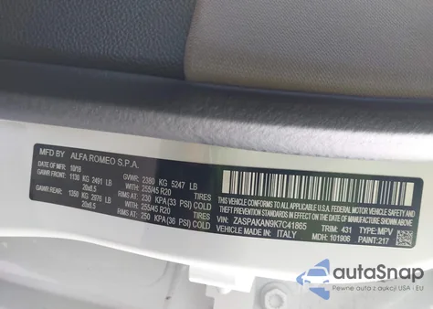 2019 Alfa Romeo Stelvio Awd из США, поврежденный, VIN ZASPAKAN9K7C41865